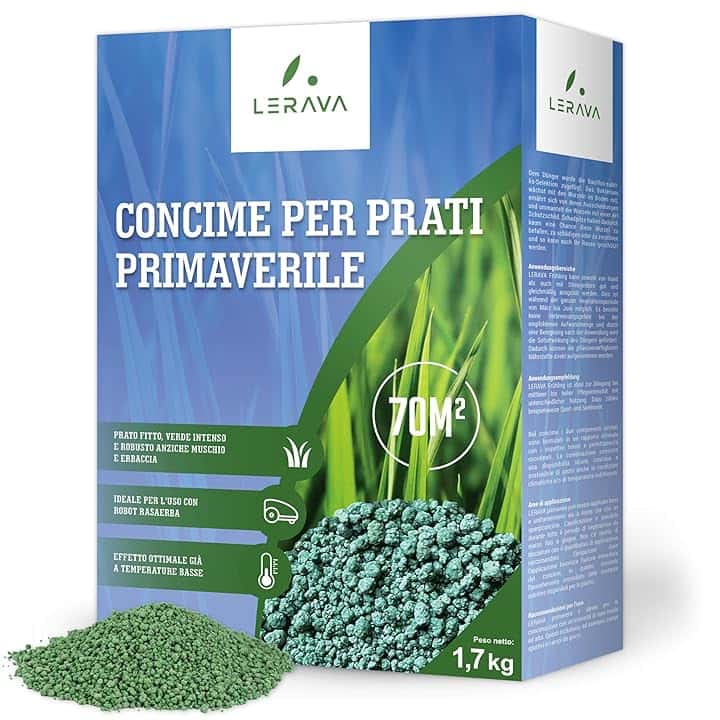 LERAVA Concime Prato Primavera (70m²) - Fertilizzante per Prato Verde e Rigoglioso - Concime Azotato Antimuschio a Lenta Cessione - Rigenerazione e Nutrizione del Tappeto Erboso per Tutta la Stagione
