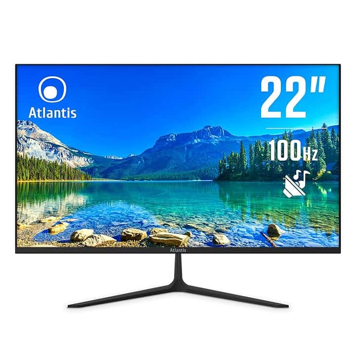 Atlantis Monitor 22 pollici, schermo 22" VA 100Hz, Full HD 1920x1080, VGA HDMI, MULTIMEDIALE, FreeSync, Uscita Audio/Cuffie inclinabile, risposta 5ms, Contrasto 3000:1, Angolo 178/178, Cavo HDMI 1,5m