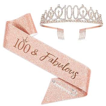 SZHUIHER SZHUIHER, Set con tiara con il numero 100 e fascia con scritta "100 & Fabulous", per 100° compleanno, da donna, di colore oro rosa, adatto come regalo e feste di 100° compleanno