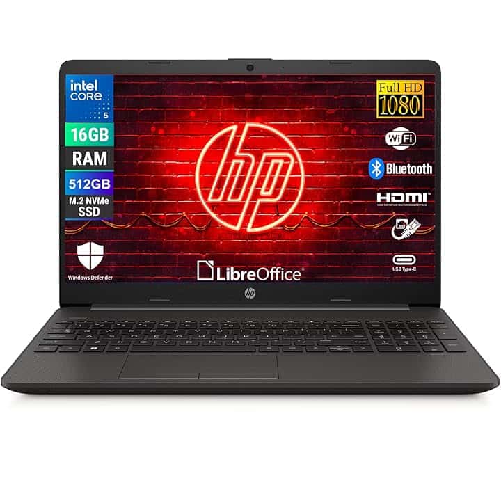 HP 250R G9, Computer Portatile Notebook, Intel 5-120u 10 Core 1.4Ghz, Display 15.6'' FHD, Ram 16GB, SSD 512GB, Windows 11, Pronto all'uso con Libre Office