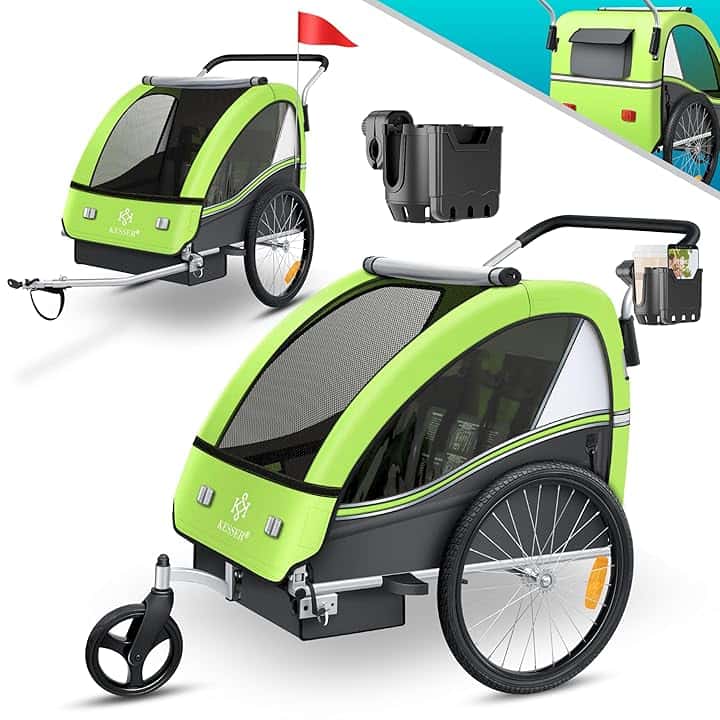 KESSER® Sport-RX - Rimorchio per bicicletta 2 in 1, per chi fa jogging, per bambini + cintura di sicurezza a 5 punti, rotella anteriore orientabile a 360°, da 1 a 2 bambini, massimo 40 kg