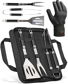 HORUS 23® - Set Accessori Barbecue Professionale con Borsa Porta Attrezzi Barbecue - 4 Accessori BBQ: Pinze, Spatola, Forchettone e Guanto Ignifugo