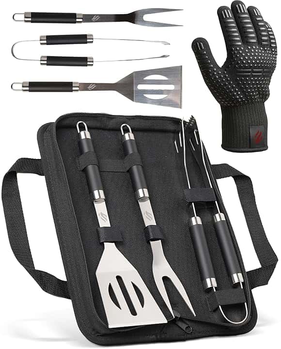 HORUS 23® - Set Accessori Barbecue Professionale con Borsa Porta Attrezzi Barbecue - 4 Accessori BBQ: Pinze, Spatola, Forchettone e Guanto Ignifugo