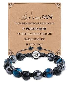 VGWON Bracciale Uomo, Regalo Uomo, 10mm Nero Blu Ematite Bracciale Di Perle Di Pietra Naturale Occhio Di Tigre Braccialetti, Regalo San Valentino Per Lui, Idee Regali Uomili Compleanno E Anniversario