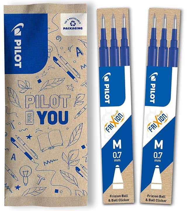 PILOT - 2 Set di 3 Ricariche FriXion - Ricariche per Penne Cancellabili - Compatibili con FriXion Ball e FriXion Ball Clicker - Blu - Punta Media (6 Ricariche)