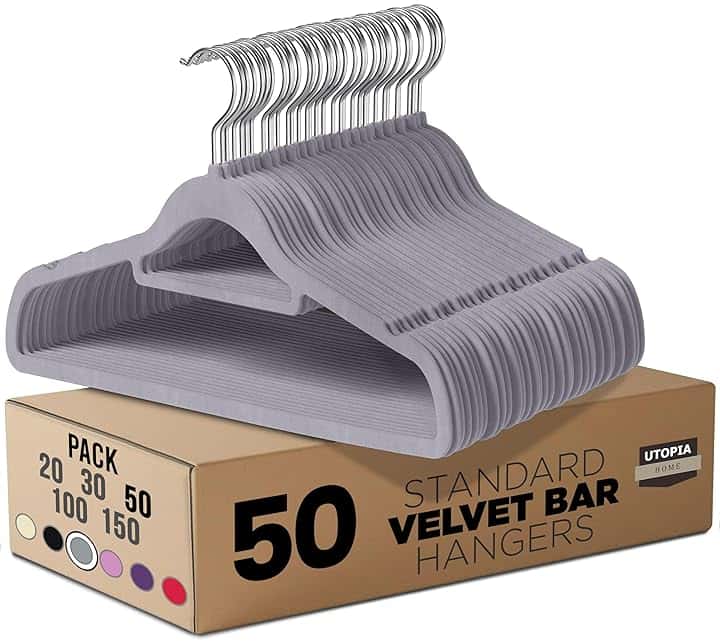 Utopia Home Grucce in Velluto Antiscivolo – Appendini Resistenti con Fermacravatte, Salvaspazio e Ultra Sottili, Ideali per Giacche, Cappotti e Maglioni (Grigio, Set da 50)