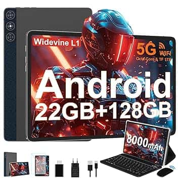 Tablet Android 14 con 22GB RAM+128GB ROM(1TB TF, Tablet 10 Pollici con Widevine L1, Octa-Core 2.0GHZ, 5G Wi-Fi, GPS, 8000mAh, 8MP+5MP, Bluetooth 5.0, USB-C,con Tastiera, Marrone