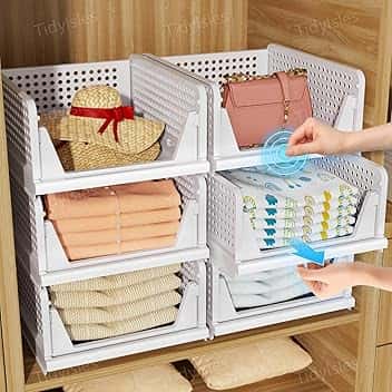 Wardrobe Storage Organiser - 4 Pack Folding Closet Organisers, Stackable Storage Boxes, Plastic Drawer Organiser Basket for Bedroom Kitchen Bathroom White