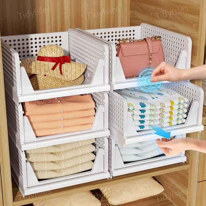 Wardrobe Storage Organiser - 4 Pack Folding Closet Organisers, Stackable Storage Boxes, Plastic Drawer Organiser Basket for Bedroom Kitchen Bathroom White