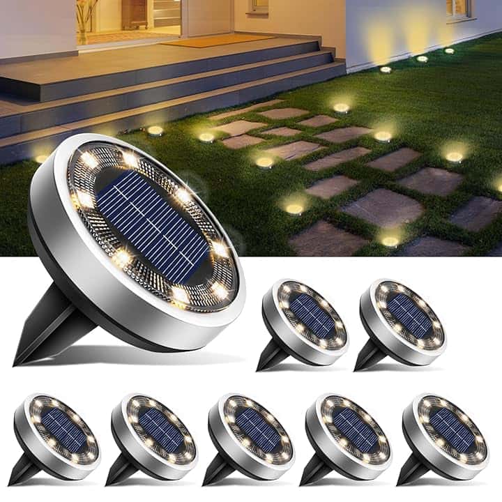 btfarm 8 Pezzi Luci Solari da Giardino, 8 LED Faretti Sepolta Solari a Led da Esterno, IP65 Impermeabile Lampade Faretto Solare da Terra per Prato Vialetto Cortile Strade Paesaggio, Bianco Caldo