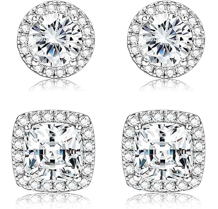 Dochais 2 Paia Orecchini Argento Sterling 925 Uomo Donna Orecchini Diamante Zirconi Cubici Quadrati Rotondi Brillantino Set Orecchino a Lobo Ipoallergenici Placcati Oro 18K Orecchino Simulato Halo