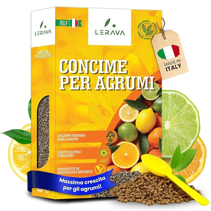 LERAVA Concime Agrumi Bio (800g) - Fertilizzante organico per agrumi vigorosi e saporiti - Con tappo dosatore - Ideale per limoni in vaso o in terra - 100% Made in Italy