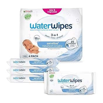WaterWipes Sensitive+ Newborn & Baby Wipes, Salviettine per Neonati e Bambini, 240 Pezzi (4 Confezioni), Deterge, Cura, Protegge, 99,9% Acqua, Senza Profumo