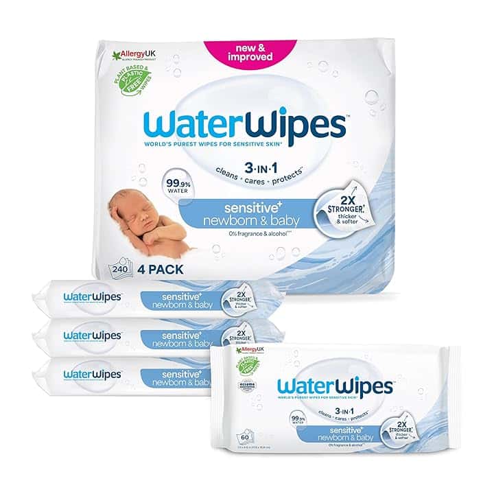 WaterWipes Sensitive+ Newborn & Baby Wipes, Salviettine per Neonati e Bambini, 240 Pezzi (4 Confezioni), Deterge, Cura, Protegge, 99,9% Acqua, Senza Profumo