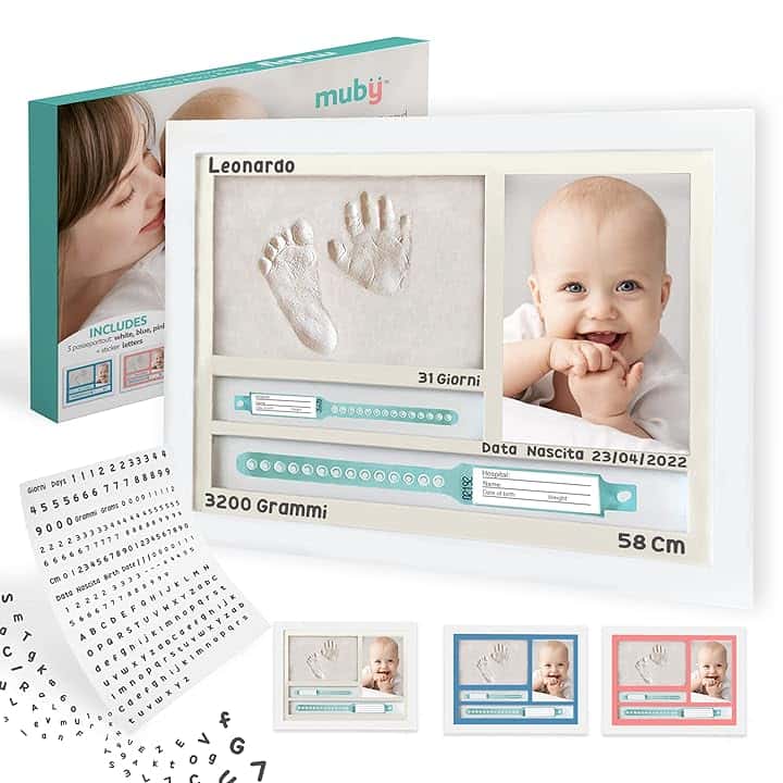 Impronta mani e piedi neonati - Regalo Neonato, Porta bracciali di nascita. KIt impronte neonato, Regali baby shower, Cornice Personalizzabile + letterine adesive. Lista nascita bebè/battesimo. Muby