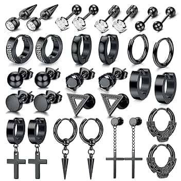 Dochais Orecchini Uomo Acciaio Inossidabile Orecchini a Cerchio Orecchini Pendenti con Croce Piercing Cartilage Zirconi Orecchini Set Punk Orecchino Nero per Uomo Donna ClimeCo Certified