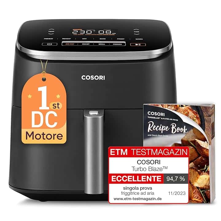 COSORI Friggitrice ad Aria Turbo Blaze 6 Litri, Air Fryer con DC Motore Tecnologia, 9 Funzioni & 5 Velocità della Ventola Automatica, 110 Ricette & 96 Tabelle di Cottura degli Ingredienti, 1725W