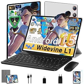 Tablet 10 Pollici Android 15 ｜30GB RAM + 64GB ROM ( TF/2TB )｜5G WiFi 6｜Octa-Core｜ 5MP + 8MP｜ GMS｜1280 * 800 FHD｜Doppia fotocamera ｜Bluetooth 5.0｜ 2026 Newest Tablet 2 in 1 con Tastiera e Mouse,Argento