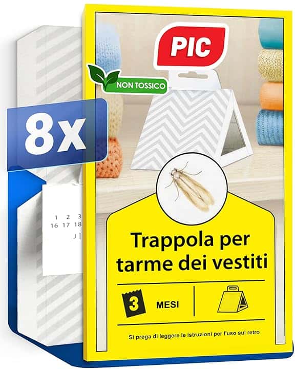PIC Trappole Tarme Vestiti 8X – Antitarme per Armadi Vestiti con Feromoni – Trappole Adesive Anti Tarme Vestiti Armadio, Protezione fino a 3 Mesi per Armadio e Cassetti