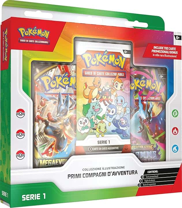 Pokémon: collezione illustrazione Primi compagni d’avventura - Serie 1 del GCC Pokémon (tre carte promozionali, due buste di espansione e un foglio di adesivi), Edizione in Italiano