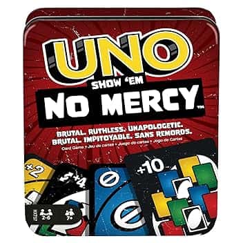 Mattel Games - UNO No Mercy, la versione di UNO più brutale di sempre, Multicolore confezione in metallo, con 56 nuove carte, regole speciali 10, giocattolo per bambini, 7+ anni, HXT57