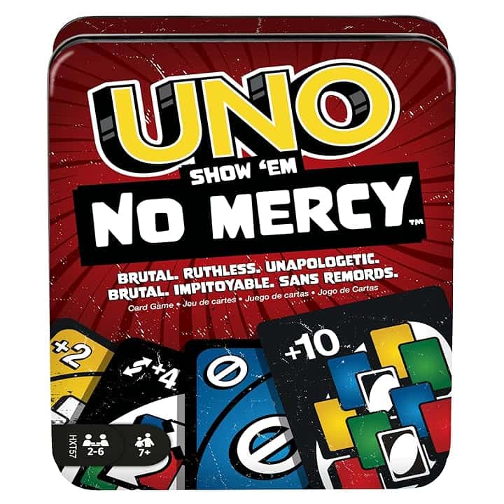 Mattel Games - UNO No Mercy, la versione di UNO più brutale di sempre, Multicolore confezione in metallo, con 56 nuove carte, regole speciali 10, giocattolo per bambini, 7+ anni, HXT57