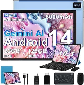 Tablet 10 Pollici Tablets Android Octa-Core 2.0 GHz, 22GB RAM+128GB ROM (1TB TF) 5G/2.4G WiFi 6, Widevine L1/GMS/Involucro in metallo/BT5.0/8000mAh/5+8MP, Tablet con Tastiera e Mouse - Blu