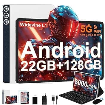 Tablet Android 14 con 22GB RAM+128GB ROM(1TB TF), Tablet 10 Pollici con Widevine L1, Octa-Core 2.0GHZ, 5G Wi-Fi, GPS, 8000mAh, 8MP+5MP, Bluetooth 5.0, USB-C,con Tastiera, Argento