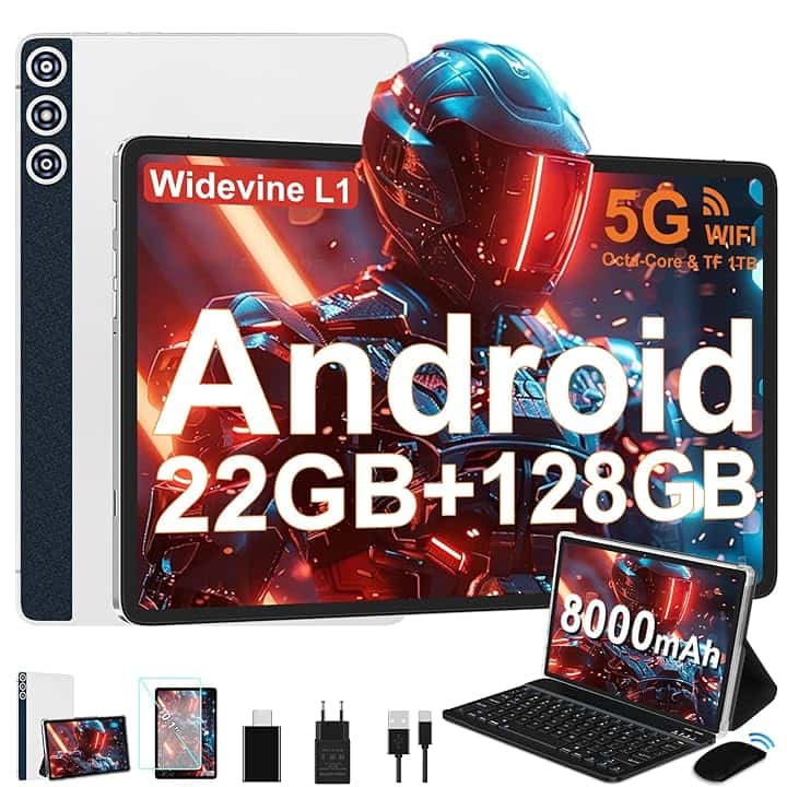 Tablet Android 14 con 22GB RAM+128GB ROM(1TB TF), Tablet 10 Pollici con Widevine L1, Octa-Core 2.0GHZ, 5G Wi-Fi, GPS, 8000mAh, 8MP+5MP, Bluetooth 5.0, USB-C,con Tastiera, Argento