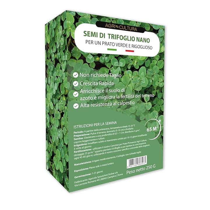 AGRI-CULTURA® | Semi Trifoglio Nano 65m² | Prato Sempre Verde Senza Taglio | Fissa l' Azoto migliorando la struttura del terreno | Alta Resistenza al Freddo | Ideale Sole e Ombra.