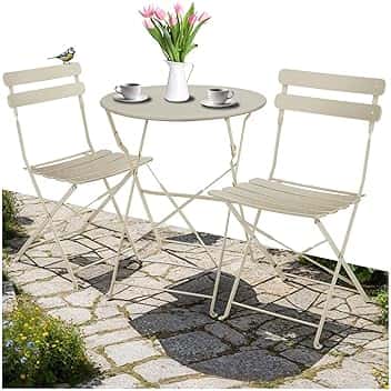tectake® Set Bistrot Pieghevole Per 2 Persone con Telaio in Acciaio, Set Tavolo e Sedie Da Giardino, Tavolo con Sedie per Balcone e Terrazzo, Salottino da Esterno Design Elegante - Cappuccino
