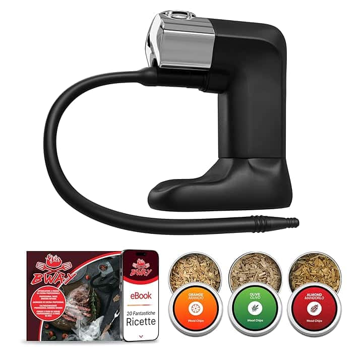 BWAY Affumicatore da Cucina Professionale - Affumicatore a Freddo con Omaggio 3 Aromi di Trucioli per Affumicatura - Smoking Gun per Whisky con Incluso eBook 20 Ricette