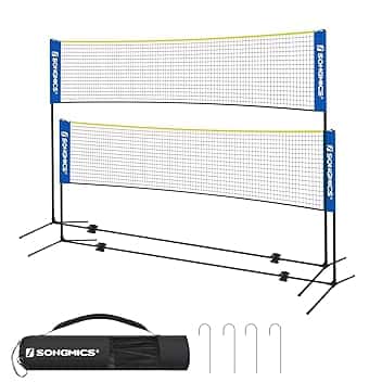 SONGMICS Rete da badminton da 3 m, rete da pallavolo, altezza pali regolabili, set portatile per tennis