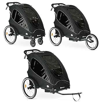 Deryan Lusso 3 in 1 - Rimorchio per bicicletta, passeggino e jogging - Passeggino multifunzione con cintura a 5 punti - Nero