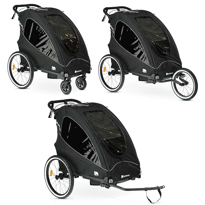 Deryan Lusso 3 in 1 - Rimorchio per bicicletta, passeggino e jogging - Passeggino multifunzione con cintura a 5 punti - Nero