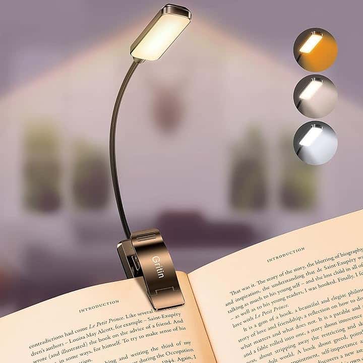 Gritin 9 LED Luce per Lettura Libri a Letto con Clip, Ricaricabile Lampada Luce da Lettura per Libro,3 Temperatura Colore &Regolazione Continua, Protezione Occhi, Ideale per Lampada Libro per Notturna