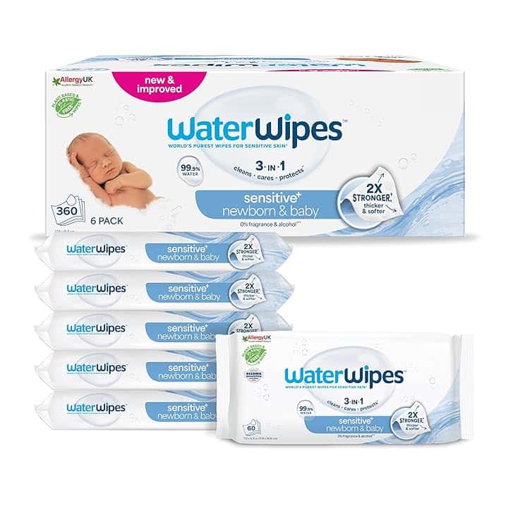 WaterWipes Sensitive+ Newborn & Baby Wipes, Salviettine per Neonati e Bambini, 360 Pezzi (6 Confezioni), Deterge, Cura, Protegge, 99,9% Acqua, Senza Profumo