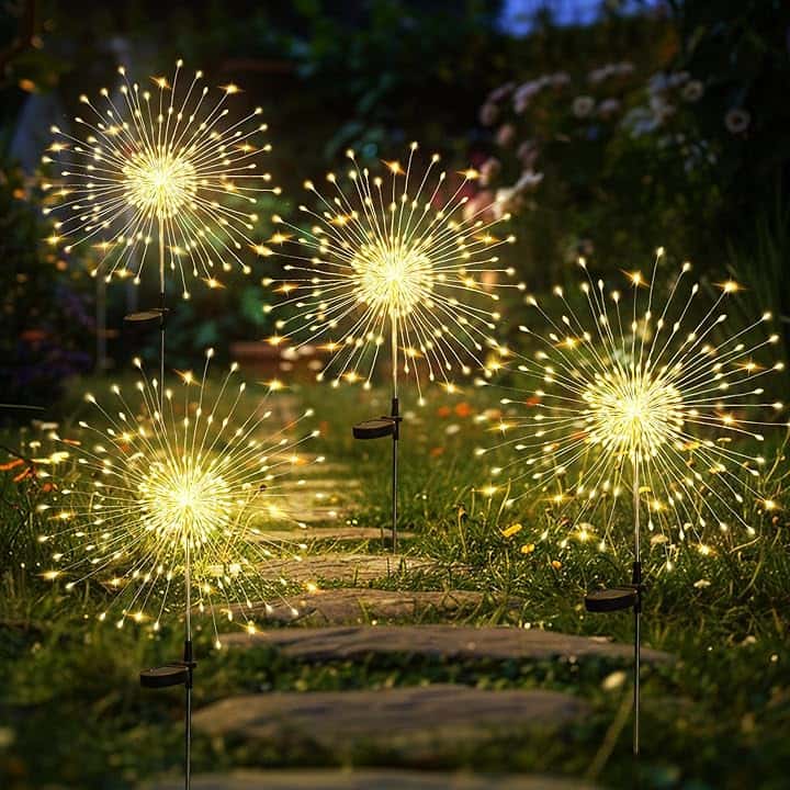 GIGALUMI Luci solari da giardino per esterni, luci solari per fuochi d'artificio 120 LED 4 pezzi, luci a stella impermeabili per cortile prato festa patio decorazione,bianco caldo ClimatePartner certified