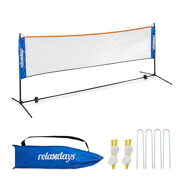 Relaxdays Rete da Badminton, Regolabile in Altezza fino a 225 cm, Campo Beach Volley Portatile, con Custodia, Nero Blu