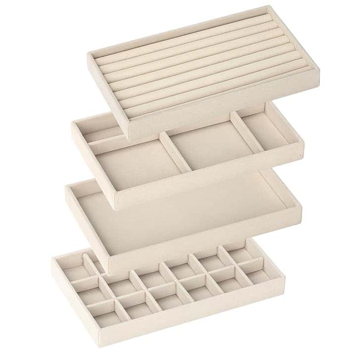 Domkan Domkan 4 Pezzi Organizzatore Gioielli, Vassoi Organizer da Cassetto, Porta Gioielli in Velluto Impilabili Per Conservare ed Esporre Orecchini, Collane, Anelli(beige)