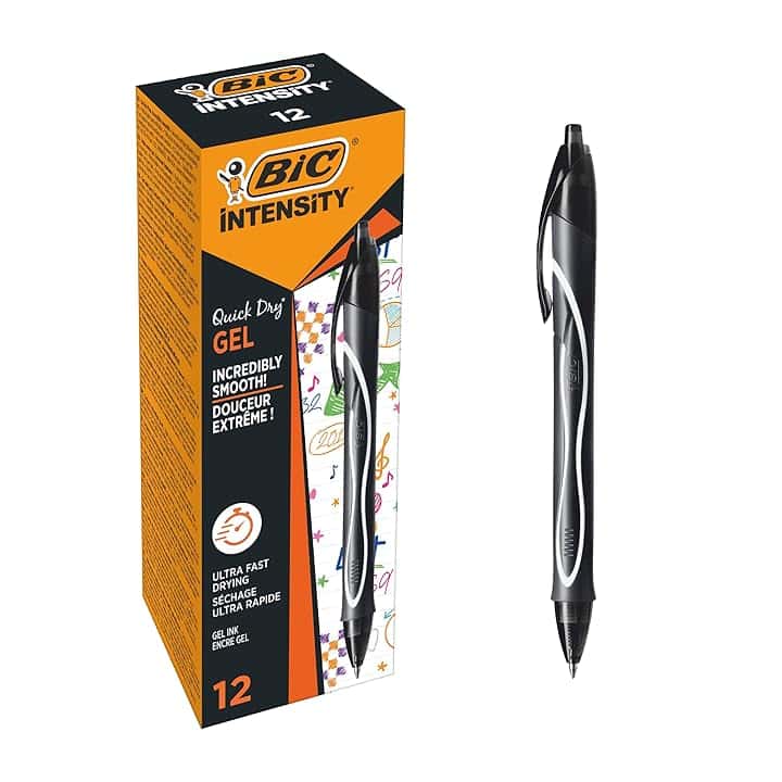 BIC Intensity Quick Dry, Penne Gel Nere, Punta Media 0,7mm, Inchiostro Scorrevole e Asciugatura Ultra-Rapida, 12 Unità, Penne Bic Nere, Cancelleria Scuola e Ufficio