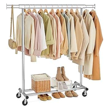 SONGMICS Stand Appendiabiti con Ruote, Attaccapanni Estensibile per Carichi Pesanti, Portata Totale 100 kg, 45 x (92-132) x 161,5 cm, Facile da Montare e Spostare, Argento HSR13S