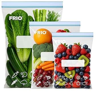 FRIO Set 65 sacchetti ermetici per alimenti, chiusura doppia Zip, etichetta pre-stampata, richiudibili, sigillabili, 3 misure S-M-L, per conservare, per congelatore, salva freschezza, riutilizzabili