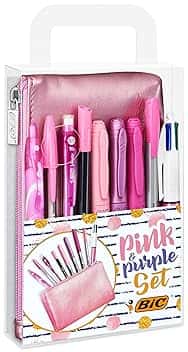 BIC Pink & Purple, Set Con Astuccio, 2 Penne A Sfera, 1 Penna Gel Cancellabile, 1 Pennarello Punta Fine, 1 Matita in Grafite, 1 Fineliner punta media, 3 Pennarelli Indelebili, Kit Scrittura, 10 Unità
