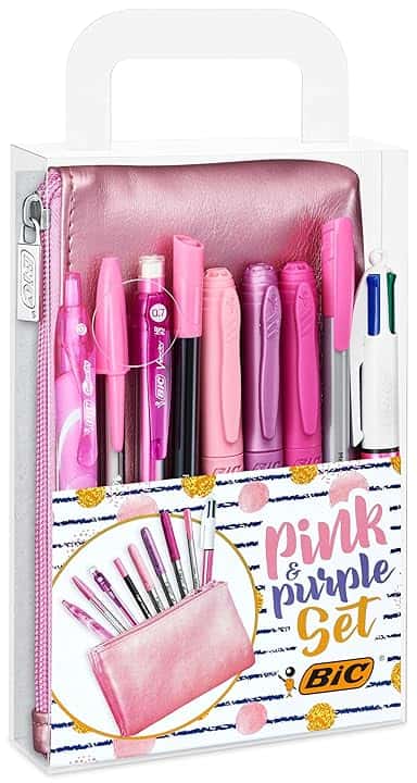 BIC Pink & Purple, Set Con Astuccio, 2 Penne A Sfera, 1 Penna Gel Cancellabile, 1 Pennarello Punta Fine, 1 Matita in Grafite, 1 Fineliner punta media, 3 Pennarelli Indelebili, Kit Scrittura, 10 Unità