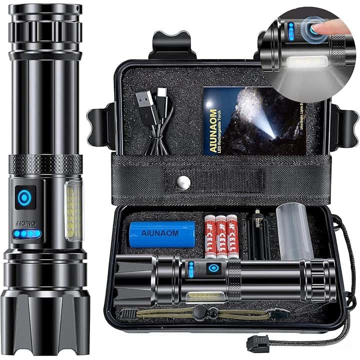 Torcia LED Ricaricabile, Torcia LED Potente Professionale,500000 lumen IPX6 Impermeabile con 9 Modalità Luce, per campeggio, escursionismo, emergenze