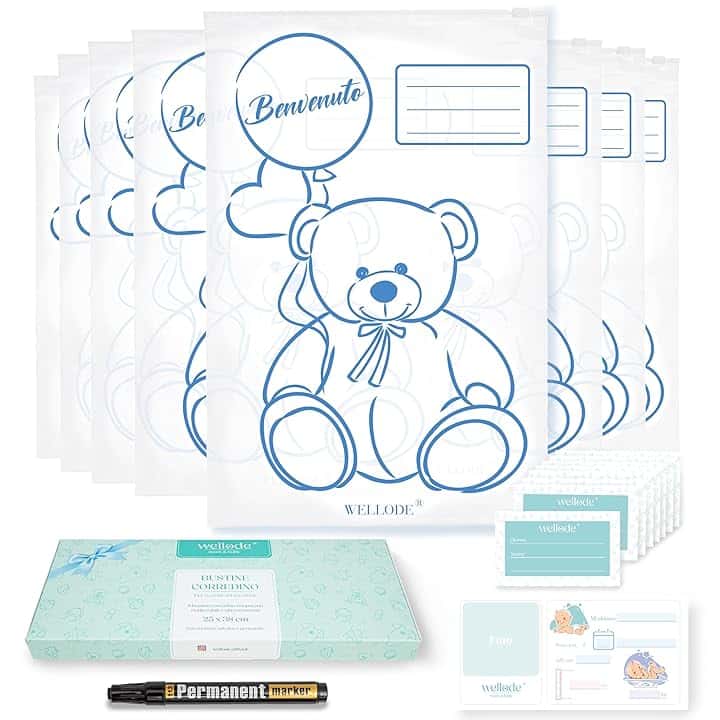 8 Bustine Corredino Neonato Ospedale Teddy Bear con Pennarello - Sacchetti Cambio Neonato Riutilizzabili per Asilo e Viaggi - Idea Regalo Nascita Baby Shower e Lista Nascita Bebè