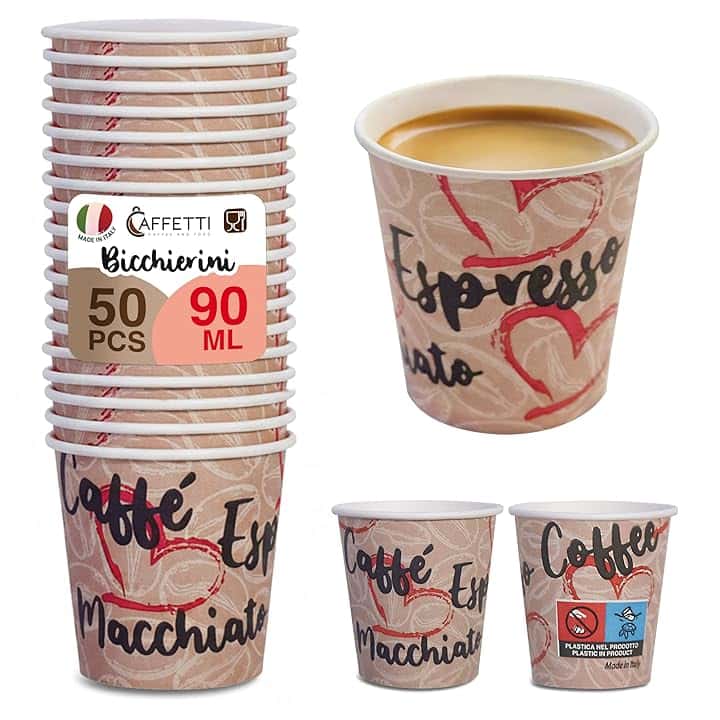 Caffetti 50 Bicchierini Caffè 90 ml, Bicchieri Made in Italy Monouso per Espresso, Macchiato, Bevande Calde, Tè, The, Cioccolata, Usa e Getta, Asporto, Ufficio, a Tema Cuore - 3 oz