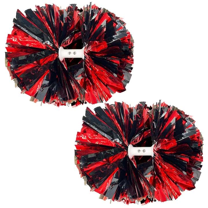 2 pompon da cheerleader neri e rossi con manico a bacchetta, 30,5 cm, pompon metallizzati, per ragazze, adulti, bambini, cheerleader, per scuola, sport di squadra, balli di laurea