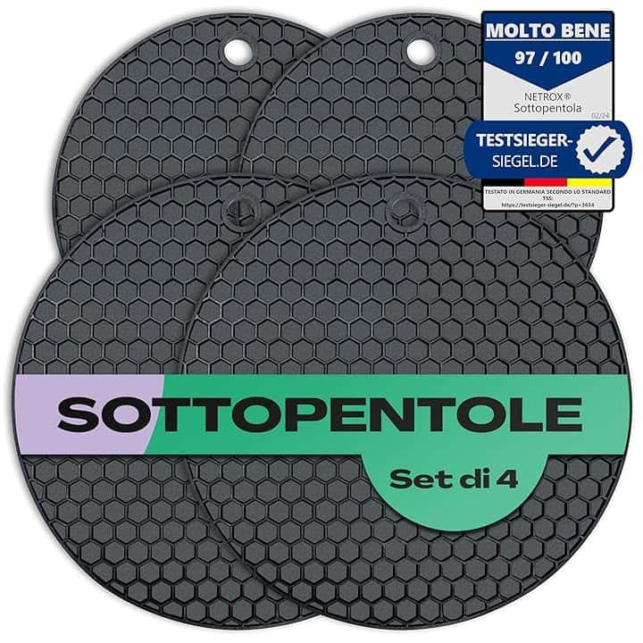 Sottopentola Silicone 4 Pezzi - resistente al calore fino a 230C° - Rispettoso dell'alimentazione - Sotto Pentola da Cucina - Proteggi Pentole - Protezione piano induzione - Tappentini - Salvapentole